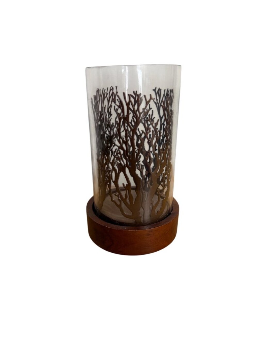 Zodax Decorative Glass Hurricane Candle Holder With Tree Design & Wooden Base